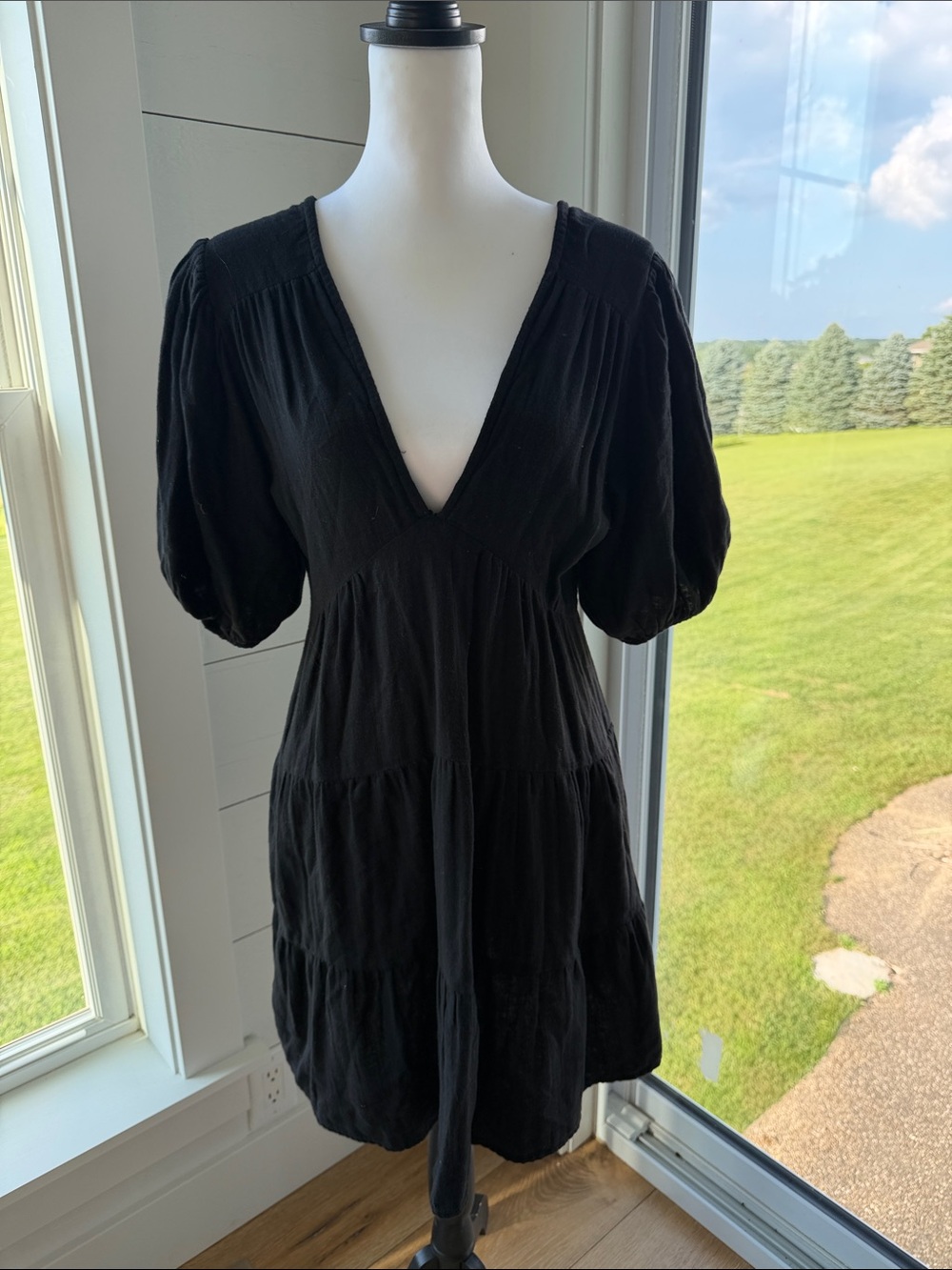 Elan Black Tiered V-Neck Puff Sleeve Mini Dress